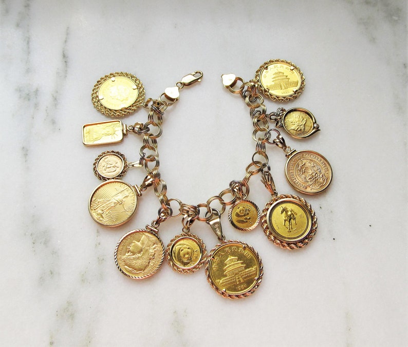 14K Yellow Gold Chunky Coin Charm Bracelet .900.9999 Gold - Etsy