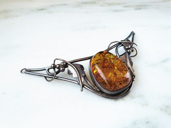 Estate Amber & Sterling Silver Necklace Pendant E… - image 3