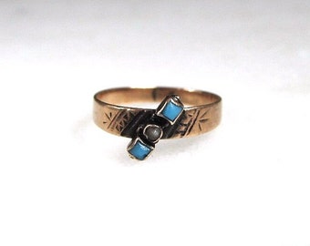 Vintage Art Deco 10K Gold Seed Pearl & Turquoise Etched Ring Pinkie or Childs Sz 2 1/2 ETC7166
