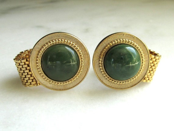 Vintage Green Glass Gold Metal Mesh Cufflinks ETC… - image 2