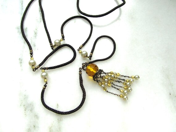 Antique Art Deco Gold Glass Bead & Pearl Long Nec… - image 8