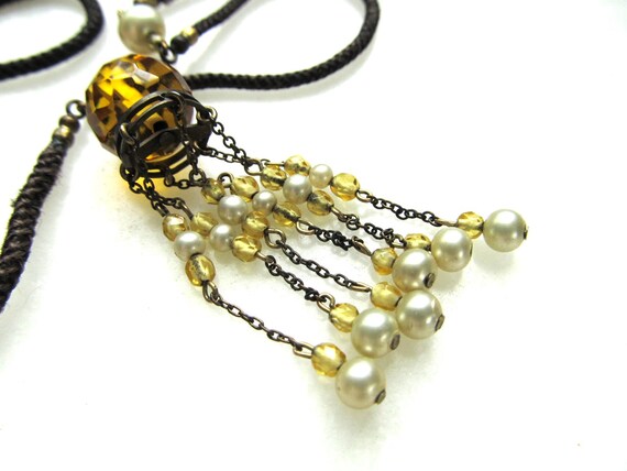 Antique Art Deco Gold Glass Bead & Pearl Long Nec… - image 9
