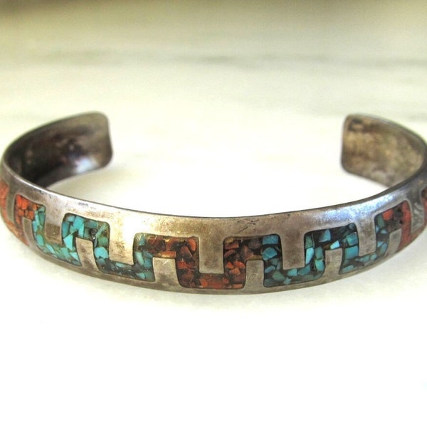 Vintage Gilbert Ortega Native American Sterling Turquoise & Coral Chip Inlay Cuff Bracelet ETC9181