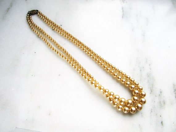 Vintage Double Strand Gold Finish Pearl Necklace … - image 1