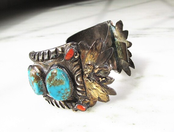 Antique Navajo Old Pawn Watch Cuff Bracelet w/ Tu… - image 2