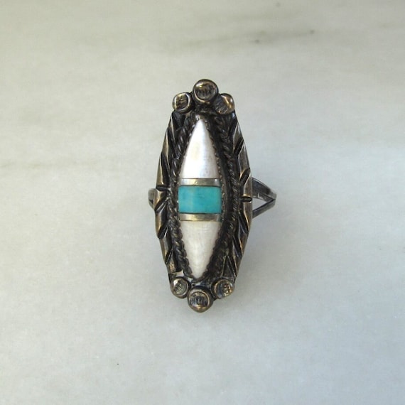 Vintage Navajo Turquoise Mother of Pearl Sterling… - image 1