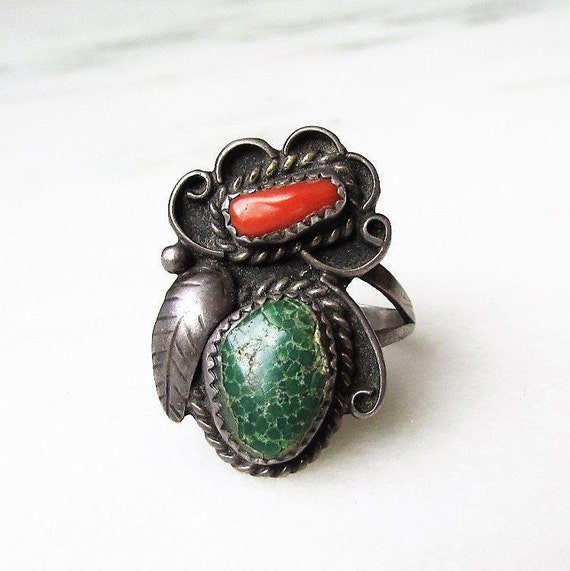 Estate Navajo Mens Green Turquoise Red Coral Sterl