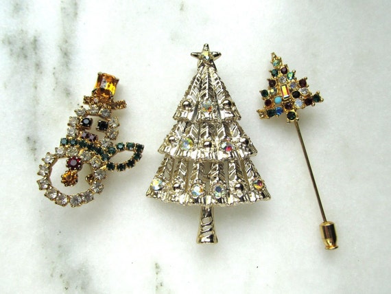 Vintage Rhinestone Christmas Brooches & Pin Snowm… - image 1
