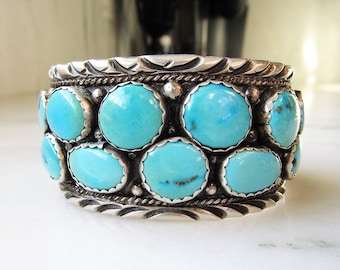 Vintage Navajo Heavy Sterling Silver Turquoise Cluster Handmade Cuff Bracelet ETC3221