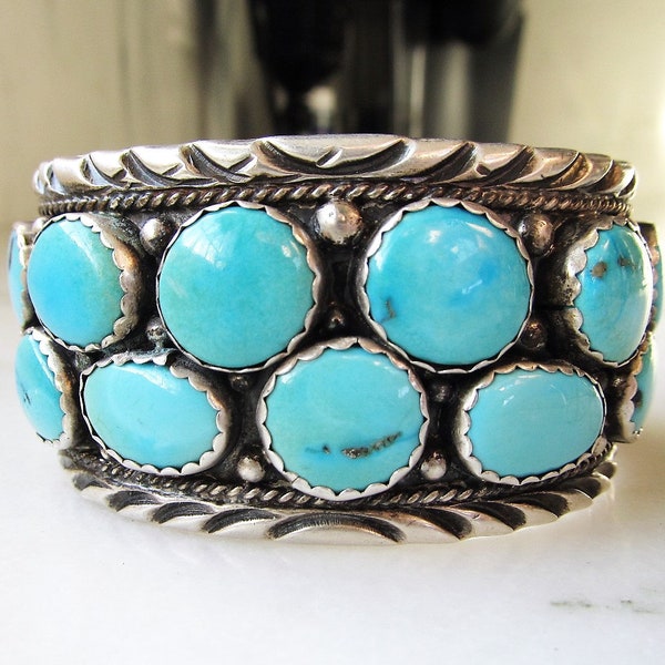 Vintage Navajo Heavy Sterling Silver Turquoise Cluster Handmade Cuff Bracelet ETC3221