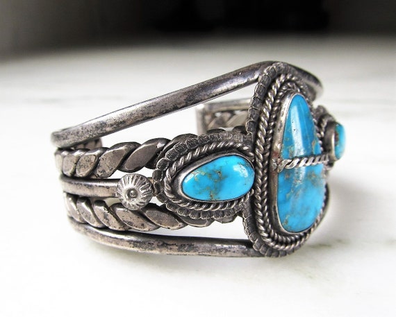 Estate Navajo Large Heavy Sterling & Turquoise Ha… - image 2