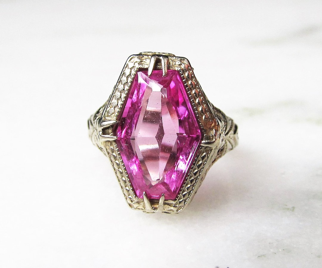 Estate 14K Pink Glass Stone White Gold Filigree Ring Signed Etsy