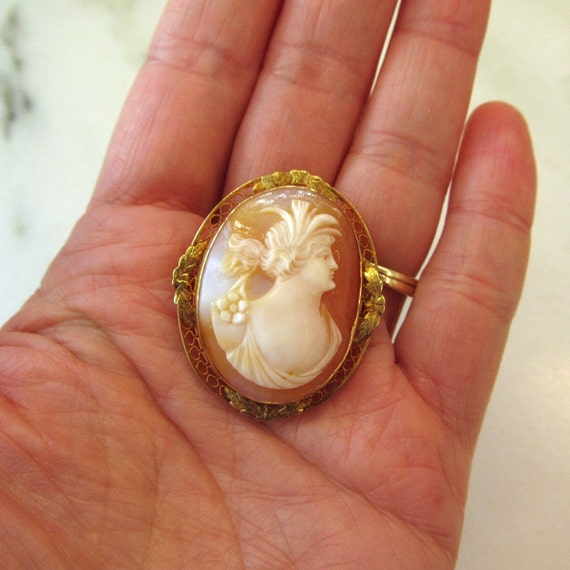 Antique 10K Yellow Gold Filigree Carved Shell Cam… - image 8