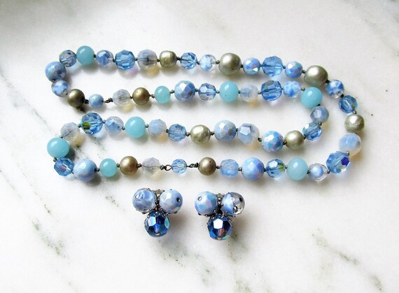 Iridescent Blue Glass Beads Necklace Set on Sale.