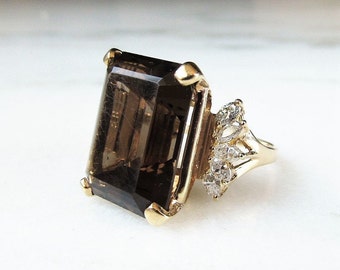 Estate 14K Smoky Topaz & Diamond Ladies Vintage Cocktail Ring ETC2297