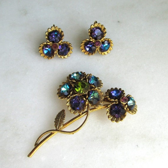 Vintage Rivoli Crystal Floral Brooch & Earrings S… - image 1