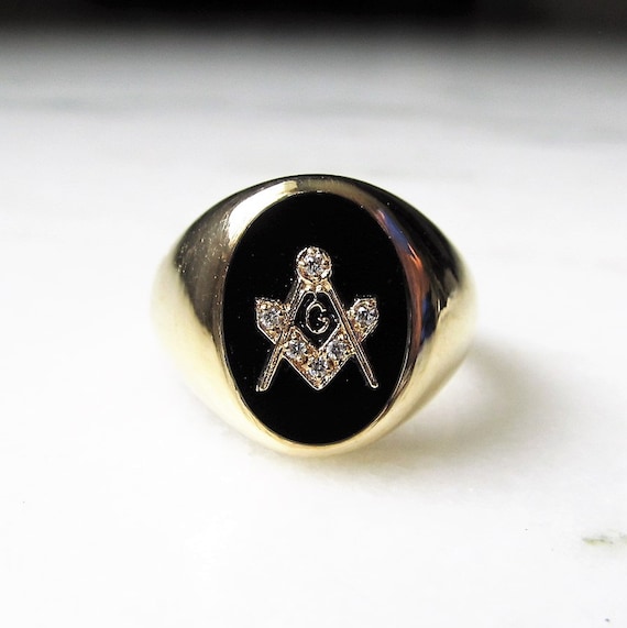 Mens Vintage 10K Yellow Gold Onyx Diamond Masonic 