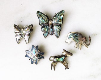 Estate Taxco Mexico Abalone Sterling Silver Animal Butterfly Brooches Pins Lot