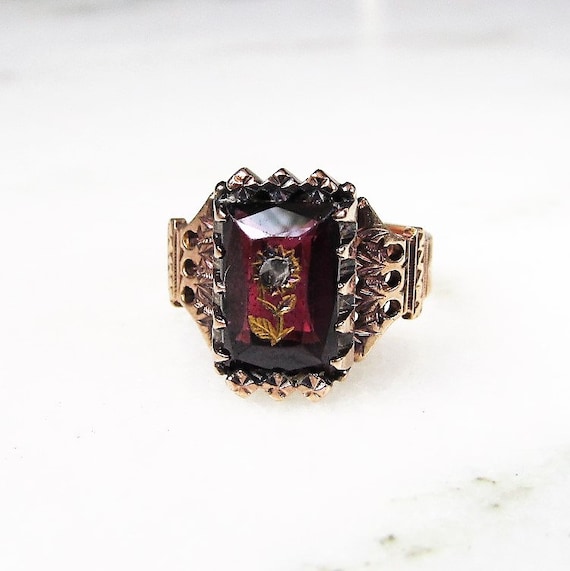 Antique 14K Victorian Diamond Floral Carved Red G… - image 1