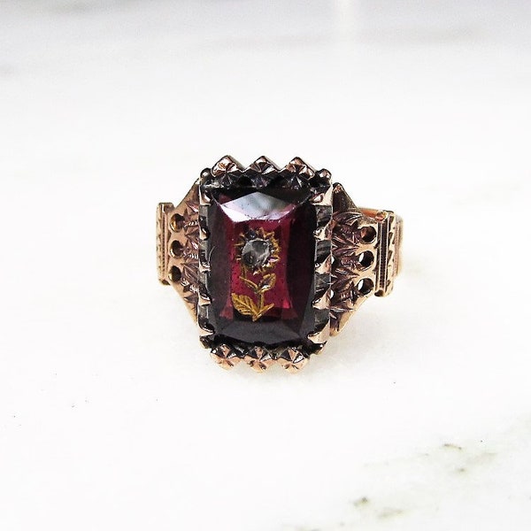 Antique 14K Victorian Diamond Floral Carved Red Glass Stone Rose Gold Ring ETC6255