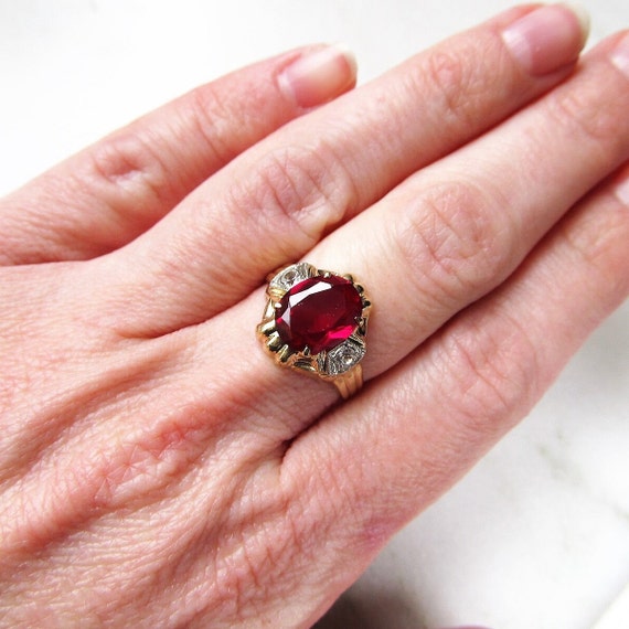 Antique 10K Otsby-Barton Red Glass Stone Ring Sz … - image 8