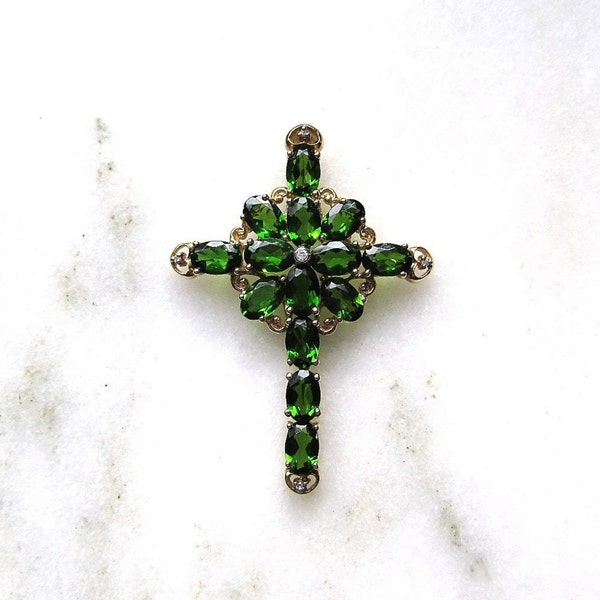 Vintage Peridot & Diamond 14K Yellow Gold Cross Necklace Pendant 4.63tcw ETC7205