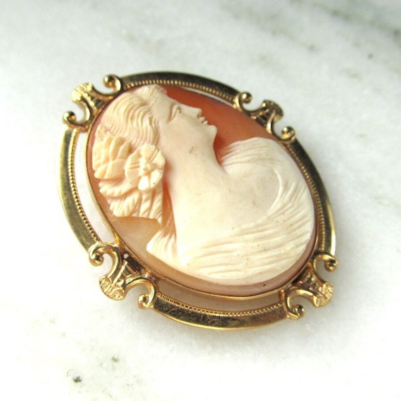 Antique 10K Gold Carved Shell Cameo Brooch Pin ET… - image 3