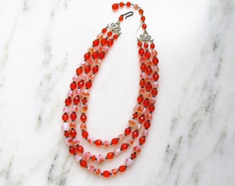 Western Germay Vintage Orange Art Glass Triple Strand Beaded Necklace ETC1680