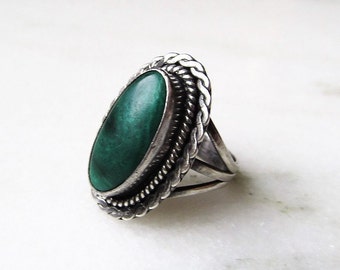 Vintage Navajo Cortez H L.T. Green Malachite Stone Sterling Silver Ring Handmade ETC5819