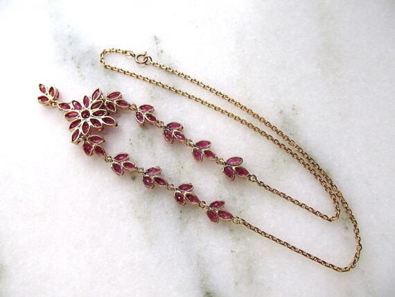 Vintage Ruby Cluster 9K Yellow Gold Necklace & Da… - image 5