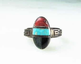 Vintage Teme Navajo Coral Turquoise Onyx Inlay Sterling Silver Handmade Ring ETC3927