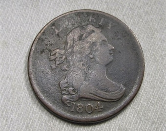 1804 Crosslet 4 Stems Draped Bust Half Cent Coin Fine Details AM320