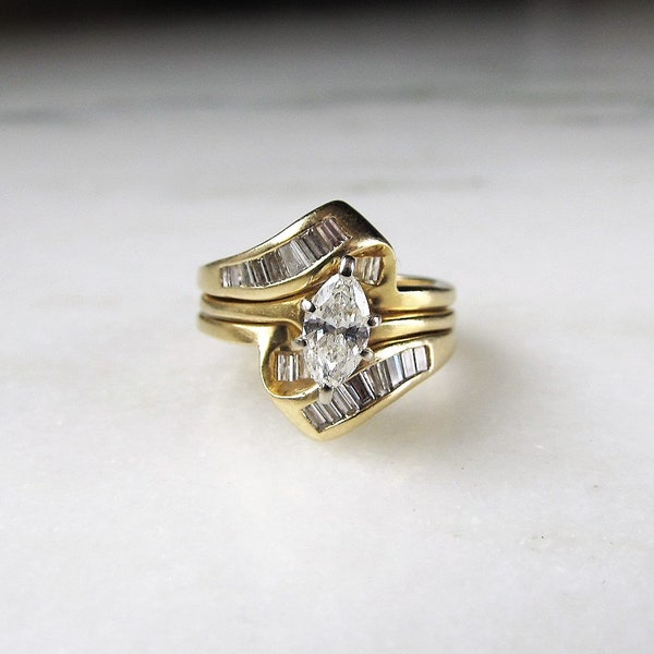 Vintage 14K Marquise Diamond Wedding Ring Bridal Set ETC3603