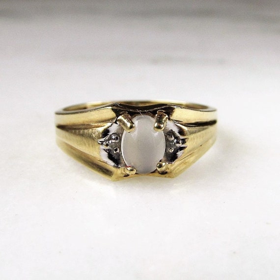 Vintage Mens 10K Moonstone & Diamond Yellow Gold … - image 1