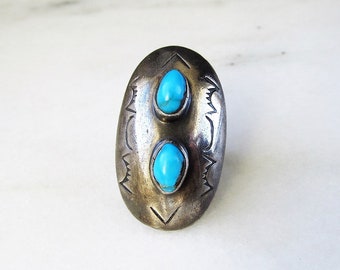 Vintage Navajo Turquoise Sterling Silver Domed Knuckle Ring Handmade ETC4708