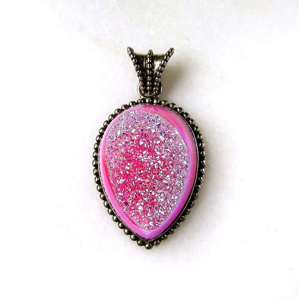 Vintage Sajen Pink Druzy Sterling Silver Necklace Pendant ETC6923