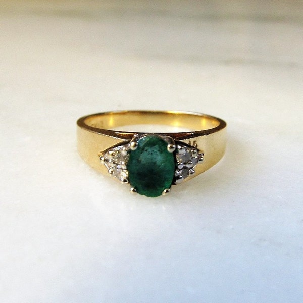 Vintage 14K Emerald & Diamond .54tcw Ladies Yellow Gold Ring Sz 7 3/4 ETC6726