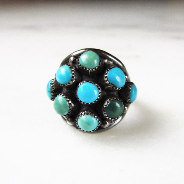 Zuni Snake Eye Turquoise Cluster Sterling Silver Vintage Ring ETC2955