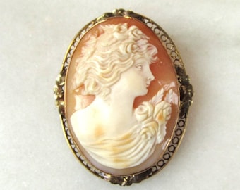 Antique 10K Filigree Carved Shell Cameo Brooch Pin ETC8453