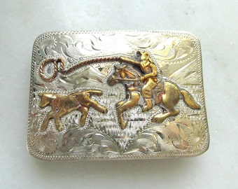 Vintage Sterling Frontier Buckles Roping Cowboy Western Hand Engraved Collectible ETC9456