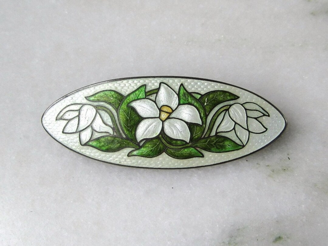 Antique Genuine Cloisonne White Daffodil Flower English Sterling Silver