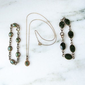 Vintage 12K GF Green Stone Bracelets & Necklace Set ETC3974