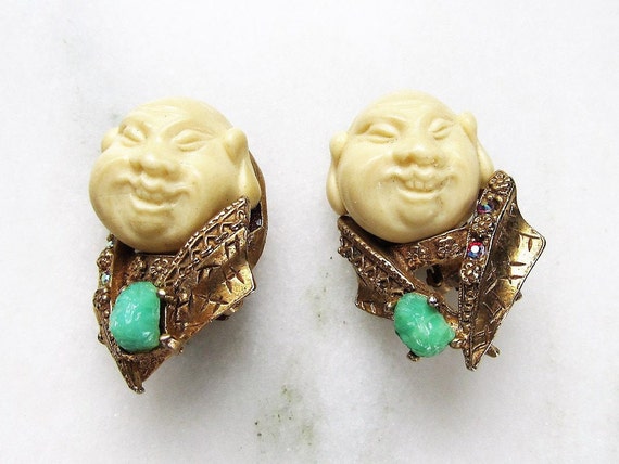 Vintage HAR Signed Buddha Rhinestone Clip Earrings