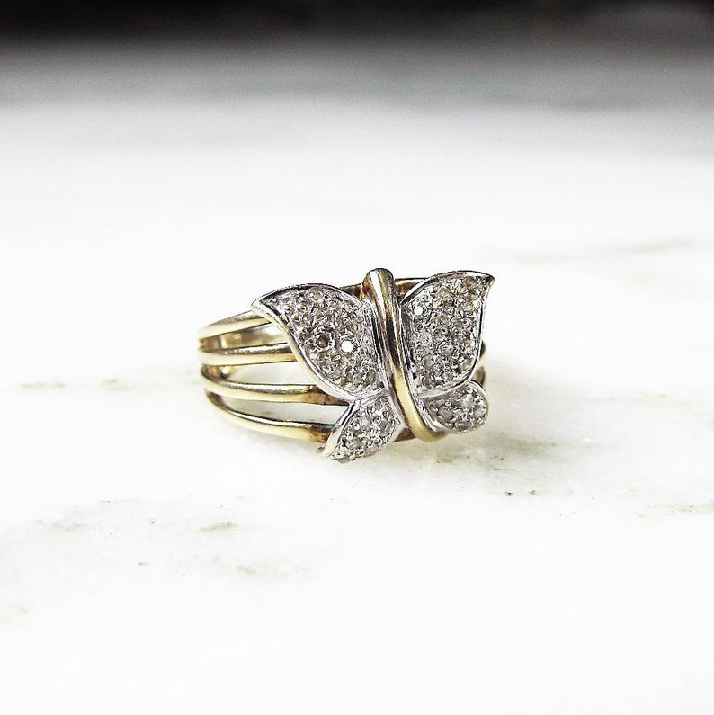 Diamond Butterfly 10K Yellow Gold Vintage Ring Sz 7 ETC1962