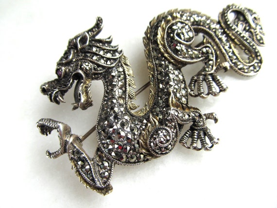 Vintage Dragon Sterling Silver & Marcasite Brooch… - image 3
