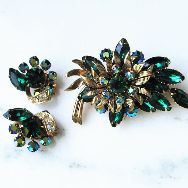 Selini Green AB Rhinestone Brooch & Clip Earrings Set