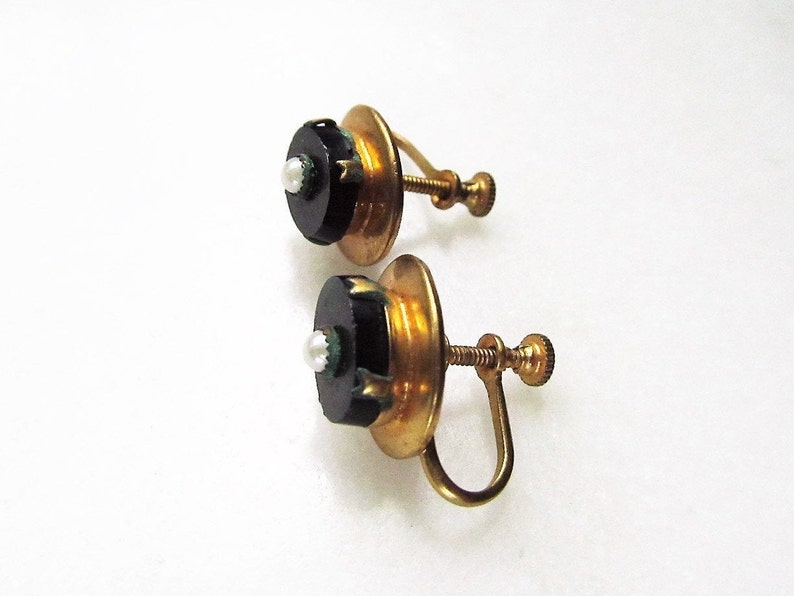 Art Deco Seed Pearl & Black Glass Gold Filled Vintage Screwback Earrings ETC1981 image 3