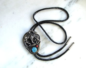 Vintage "End of the Trail" Sterling Silver Turquoise Coral & Leather Bolo Tie ETC9246
