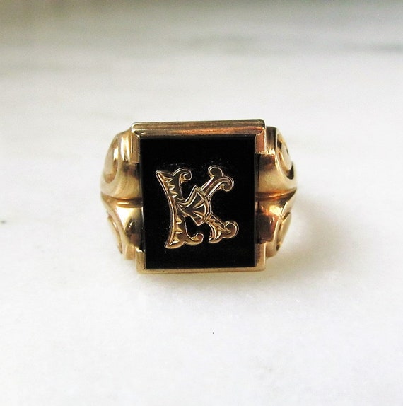 Mens Antique 10K Gold & Black Onyx K Signet Ring … - image 1