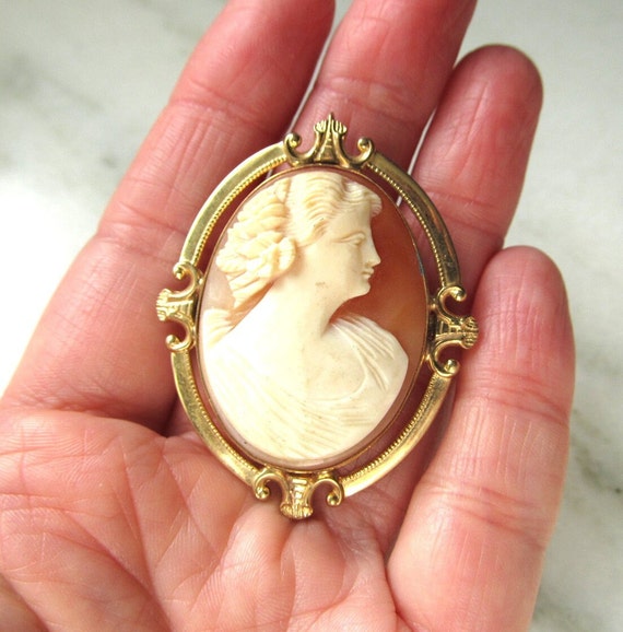 Antique 10K Gold Carved Shell Cameo Brooch Pin ET… - image 8